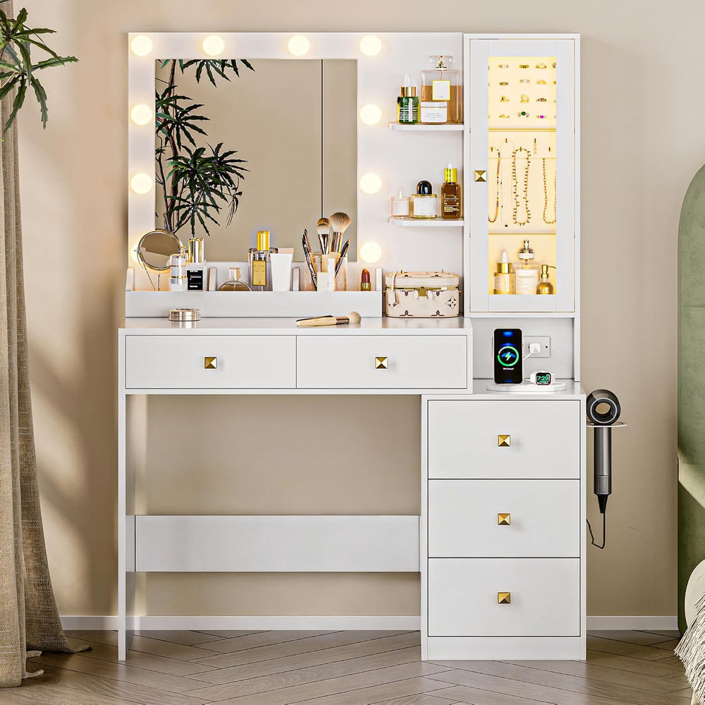 HUANLEGO Vanity Desk with Mirror and Lights, White Makeup Vanity Mirror with ...