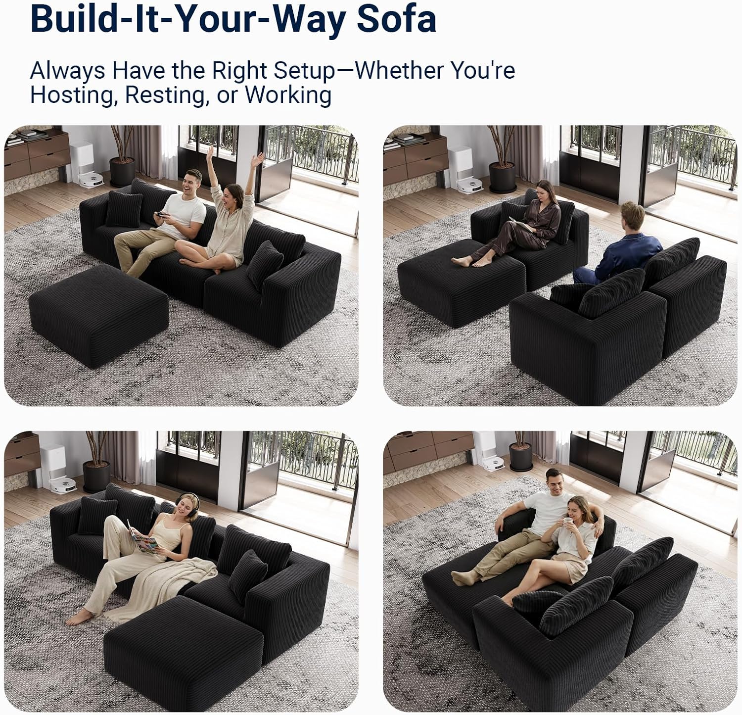Avenco 35.4” Modular Ottoman, Corduroy Fabric, Zero Assembly Multifunctional Footrest or Extra Seat for Sectional Sofa, Black