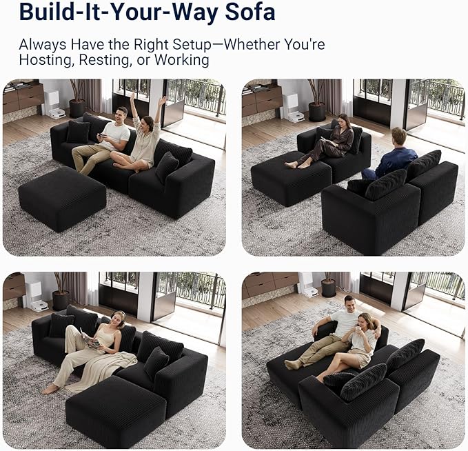 Avenco 141” 6-Seat Modular Sectional Sofa, Individually Wrapped Coil Support & Corduroy Fabric, Zero Assembly 6-Piece Set for Large Living Room, Black