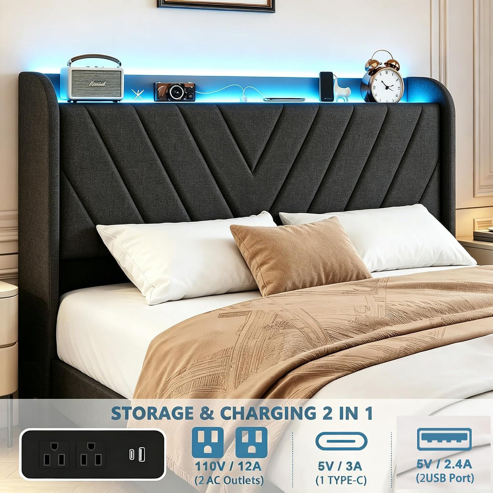 Full Size Bed Frame with Charging Station and LED Lights, Upholstered Wingbac...