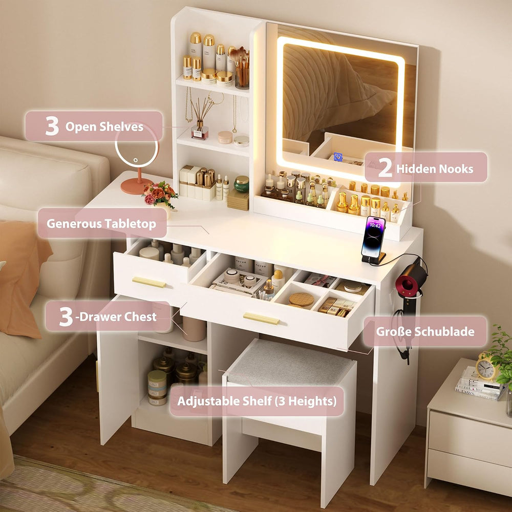 ERLEJIA Vanity Desk with Mirror and Lights & Extral Foldable Desk, 31.5&q...