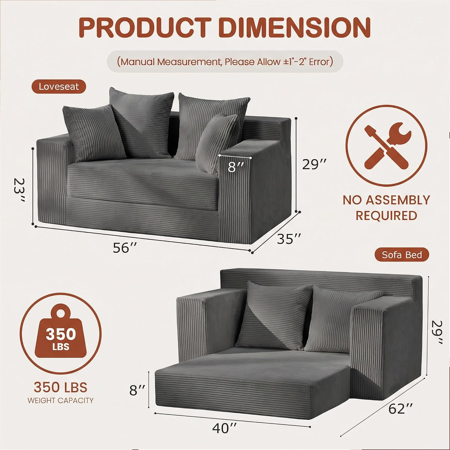 Convertible Sofa Bed, 5 in 1 Small Boneless Couch Pull Out Loveseat Sleeper Sofa,Corduroy Futon Couch Folding Mattress with 4 Pillows for Living Room
