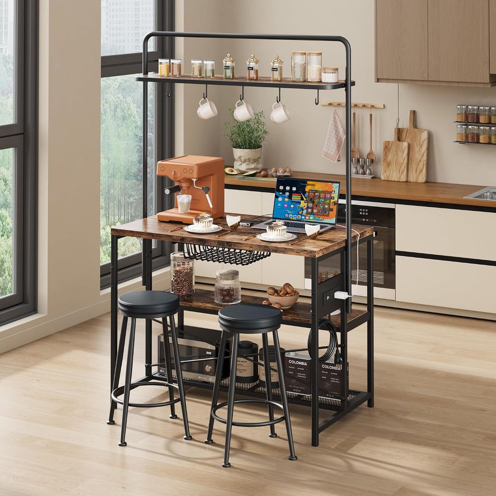 Garvee 3-Tier Small Kitchen Island with Power Outlet&2 Bar Stools, Vintag...