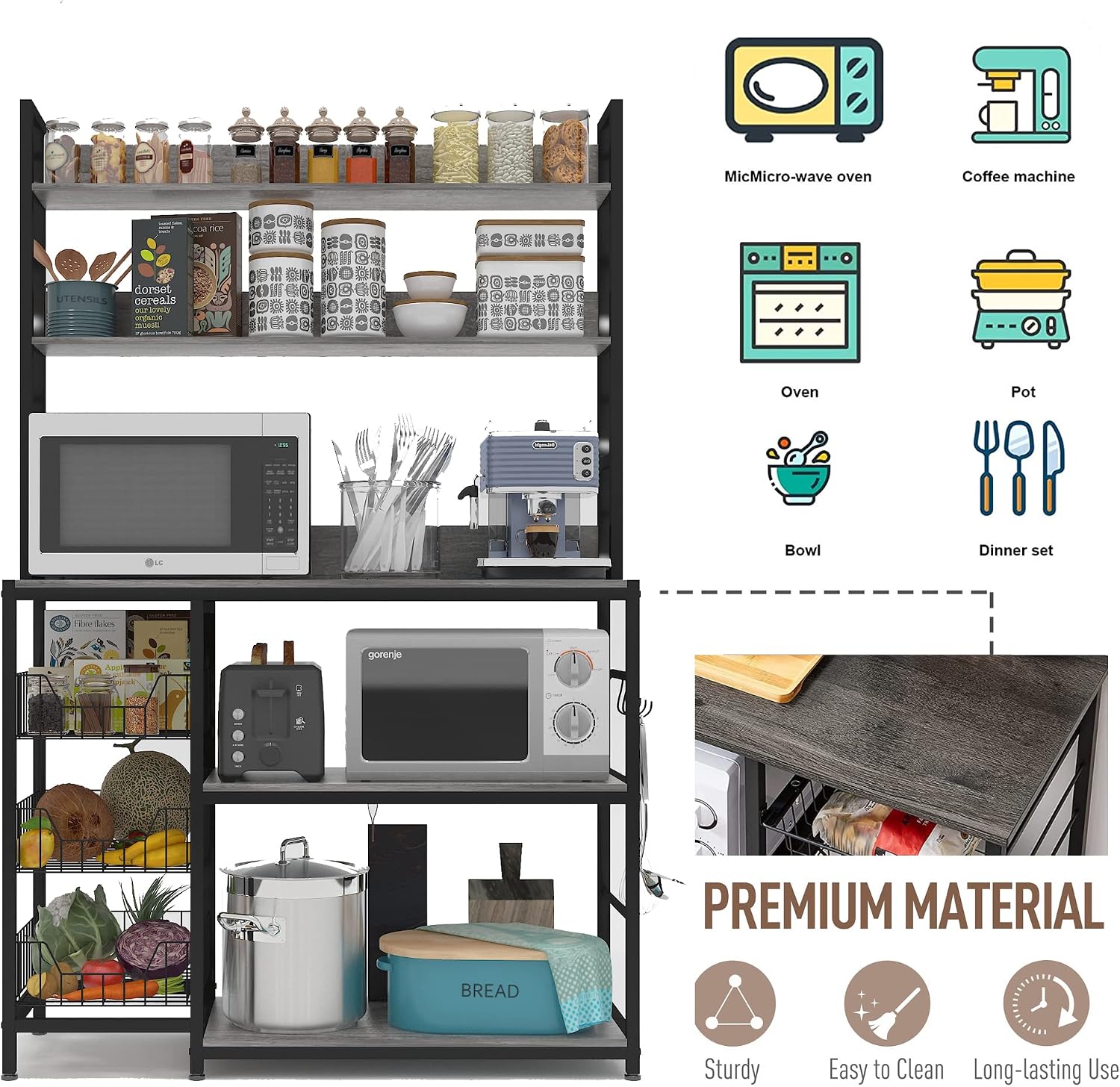 Kitchen Bakers Rack with Baskets and Power Outlet,5-Tier Kitchen Utility Storage Shelf with Hooks, Microwave Oven Stand Rack,Vintage Grey Free Standing Kitchen Shelf
