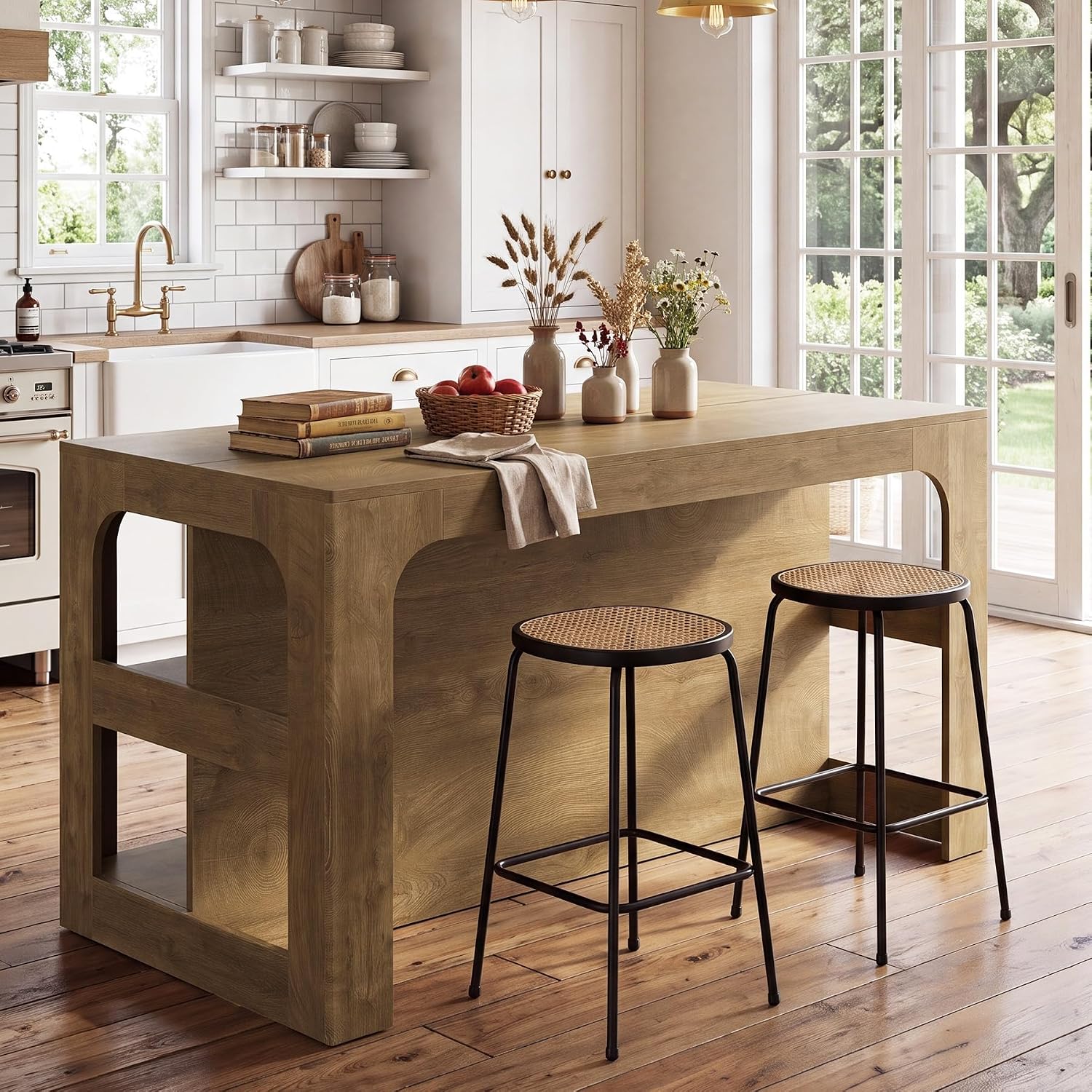 Tribesigns Kitchen Island with Seating and Storage, 55-Inch Island Table | Wooden Kitchen Island with 3 Shelves, Large Countertop, Counter Height Table for Kitchen, Dining Room, Rustic Brown