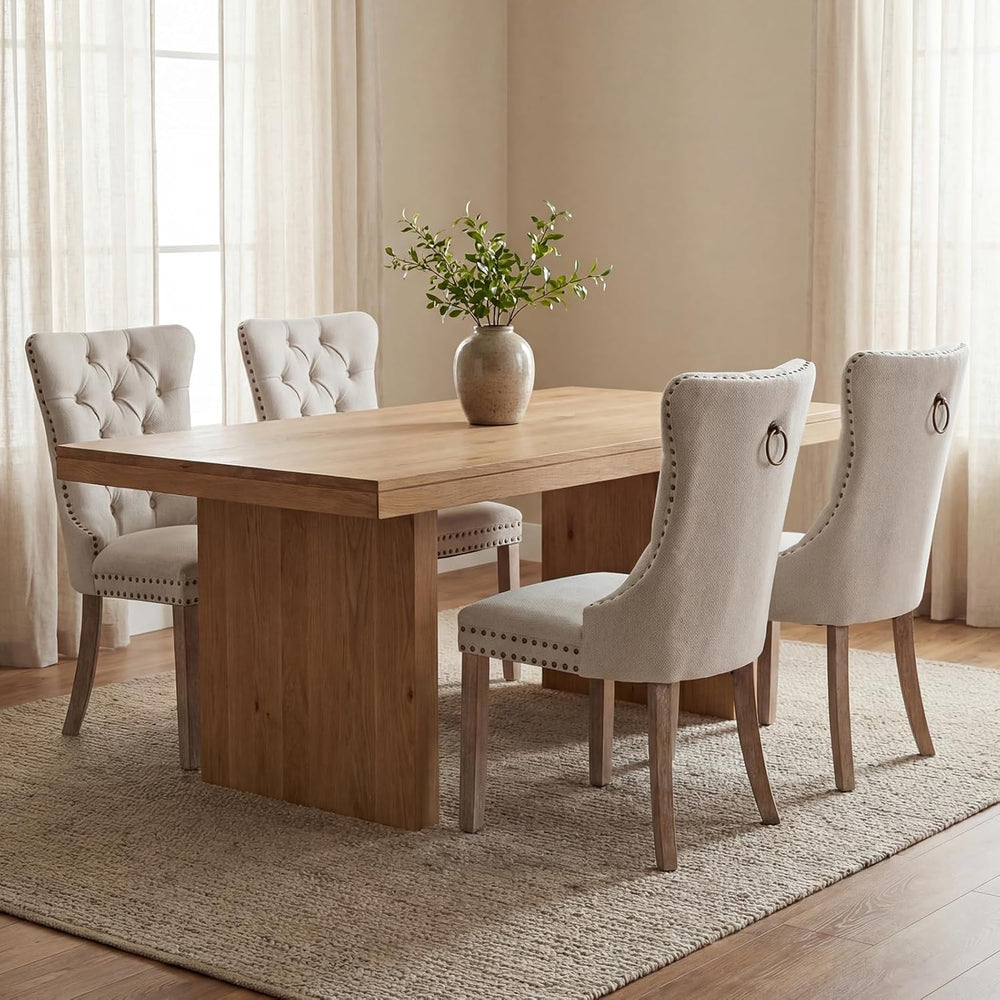 Beige Linen Dining Chairs Set of 4, Fabric Upholstered Kitchen & Dining R...