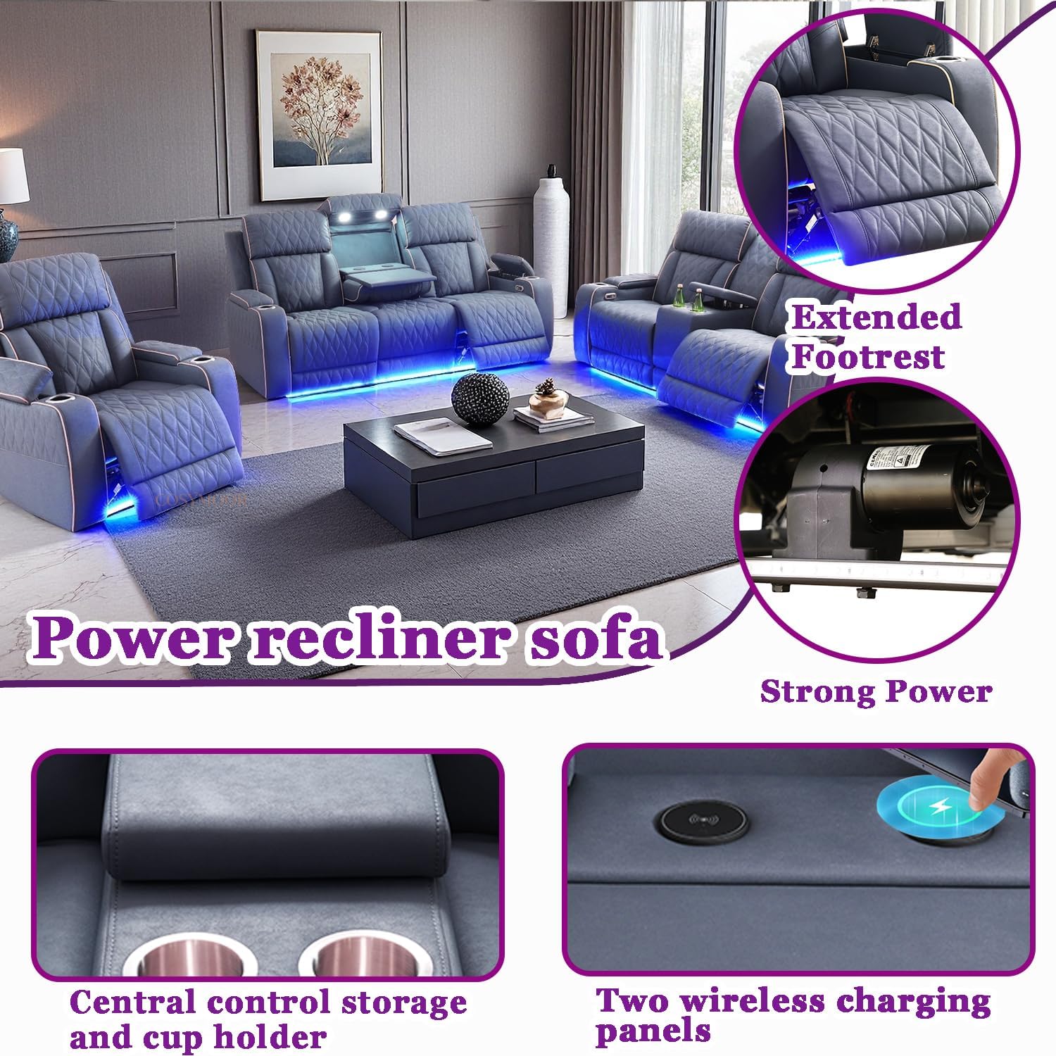 Power Recliner Sofa Set with LED, 3 Pieces Sectional Couch, Sandad Leather Living Room Furniture Sets, Modern Power Reclining Couch Leather Sofa with USB Ports/Cup Holders/Armrest Storage