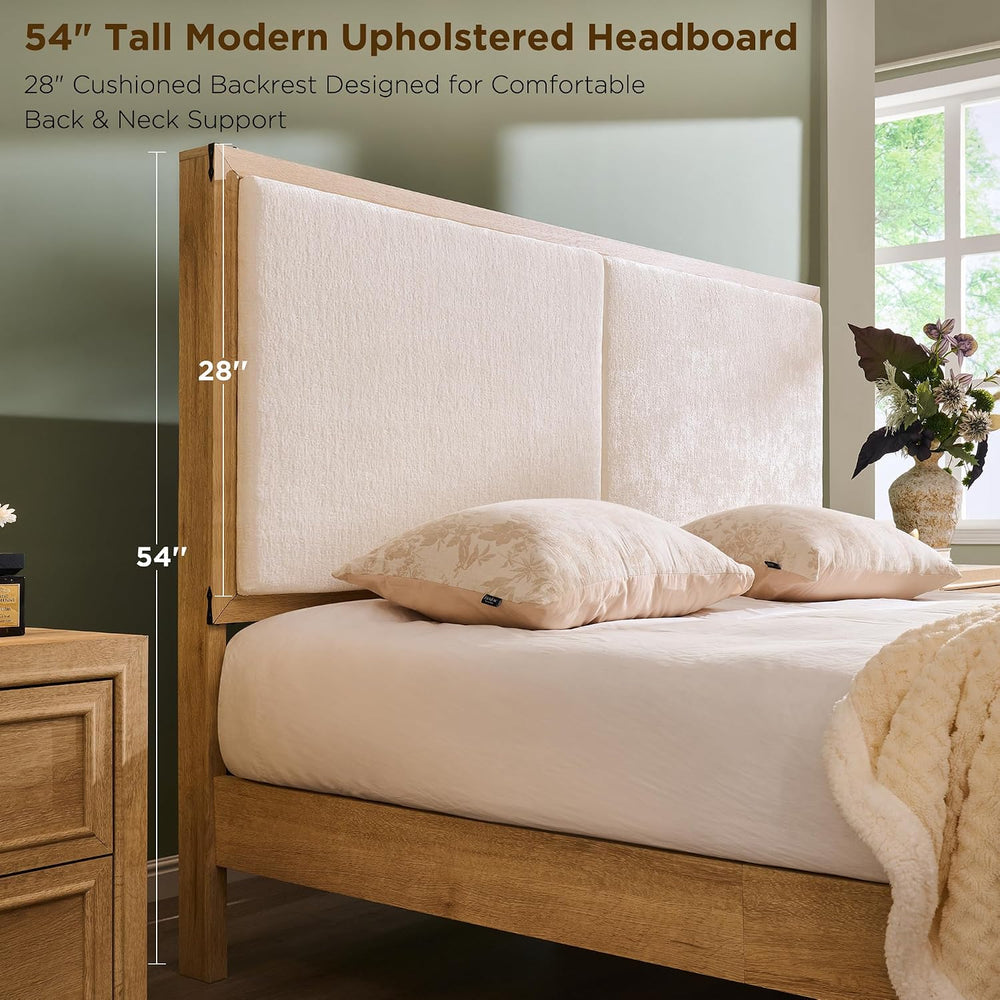 ACCOHOHO King Bed Frame w/Upholstered Headboard,Storage Bench,Natural Oak