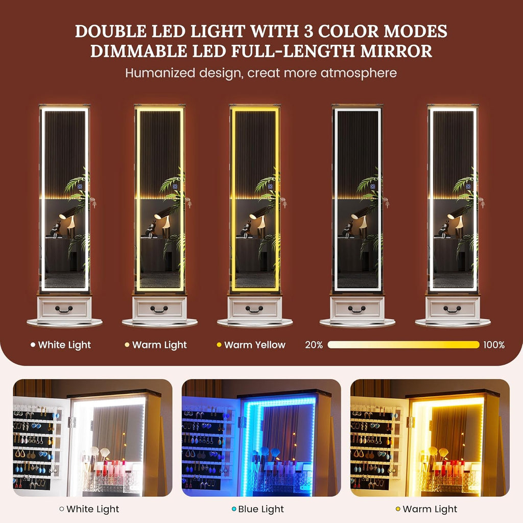 LVSOMT LED Mirror Jewelry Cabinet Standing, 360°Swivel Jewelry Armoire with Full Length Mirror, Mirror with Jewelry Storage and Large Wooden Drawer for Christmas Gifts (Farmhouse White)