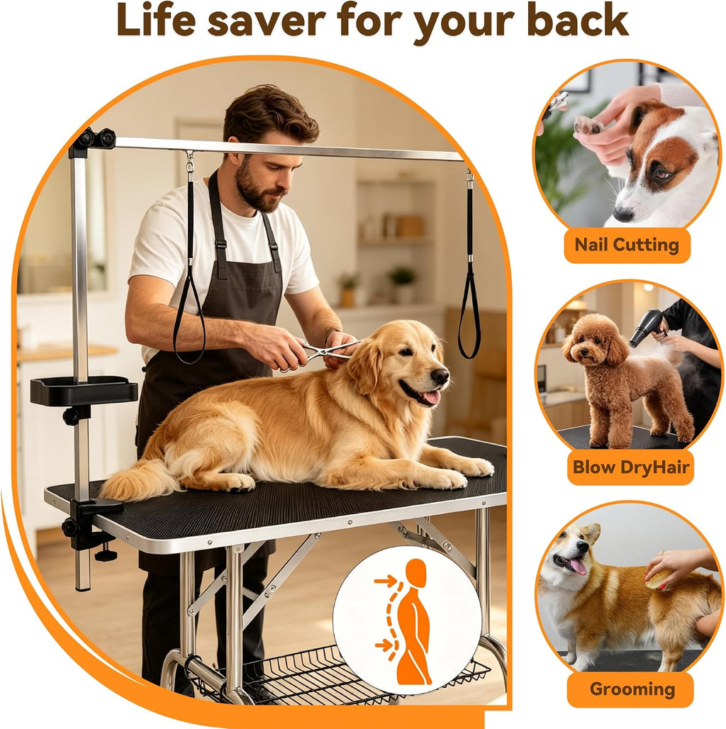 46" Foldable Dog Grooming Table with Adjustable H-Frame Arm & 2 Nooses, Heavy-Duty Stainless Steel Frame, Non-Slip Top, Tool Caddy and Mesh Tray, Black
