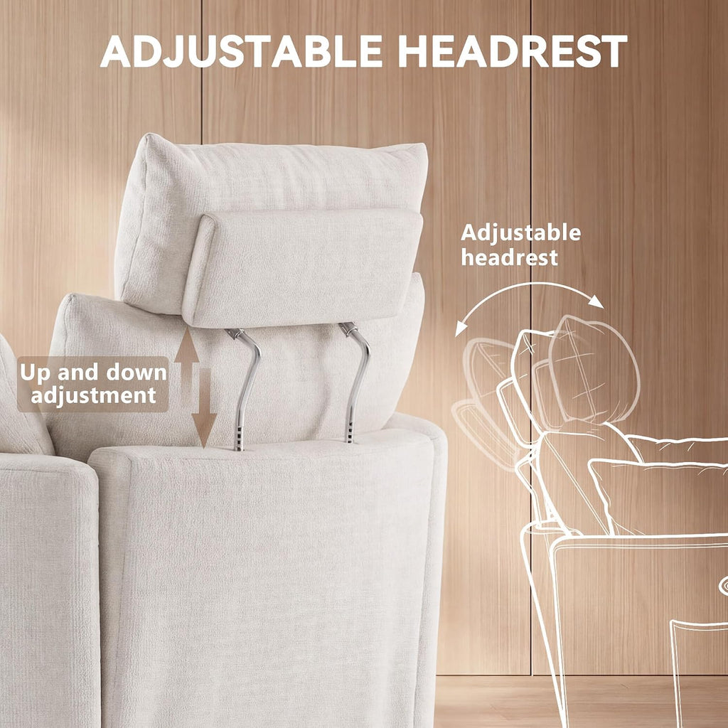 FOXHUNTER 360° Swivel Manual Nursery Rocking Glider Chairs, Chenille White | 30° Rocking Mode, with USB Charging Port and Phone Holder,Adjustable Headrest,2 Cushions, 2 Side Pockets, Footrest