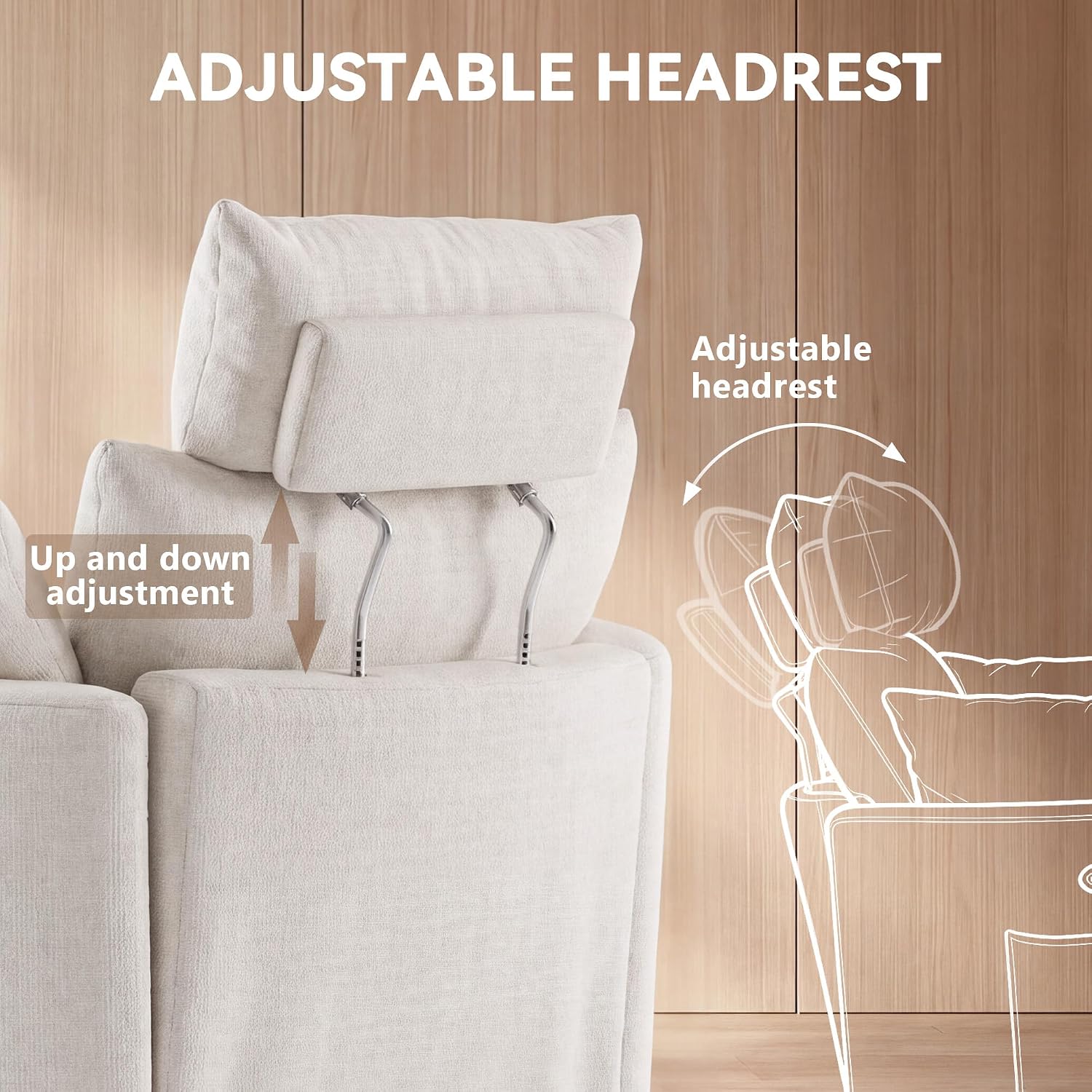 FOXHUNTER 360° Swivel Manual Nursery Rocking Glider Chairs, Chenille White | 30° Rocking Mode, with USB Charging Port and Phone Holder,Adjustable Headrest,2 Cushions, 2 Side Pockets, Footrest