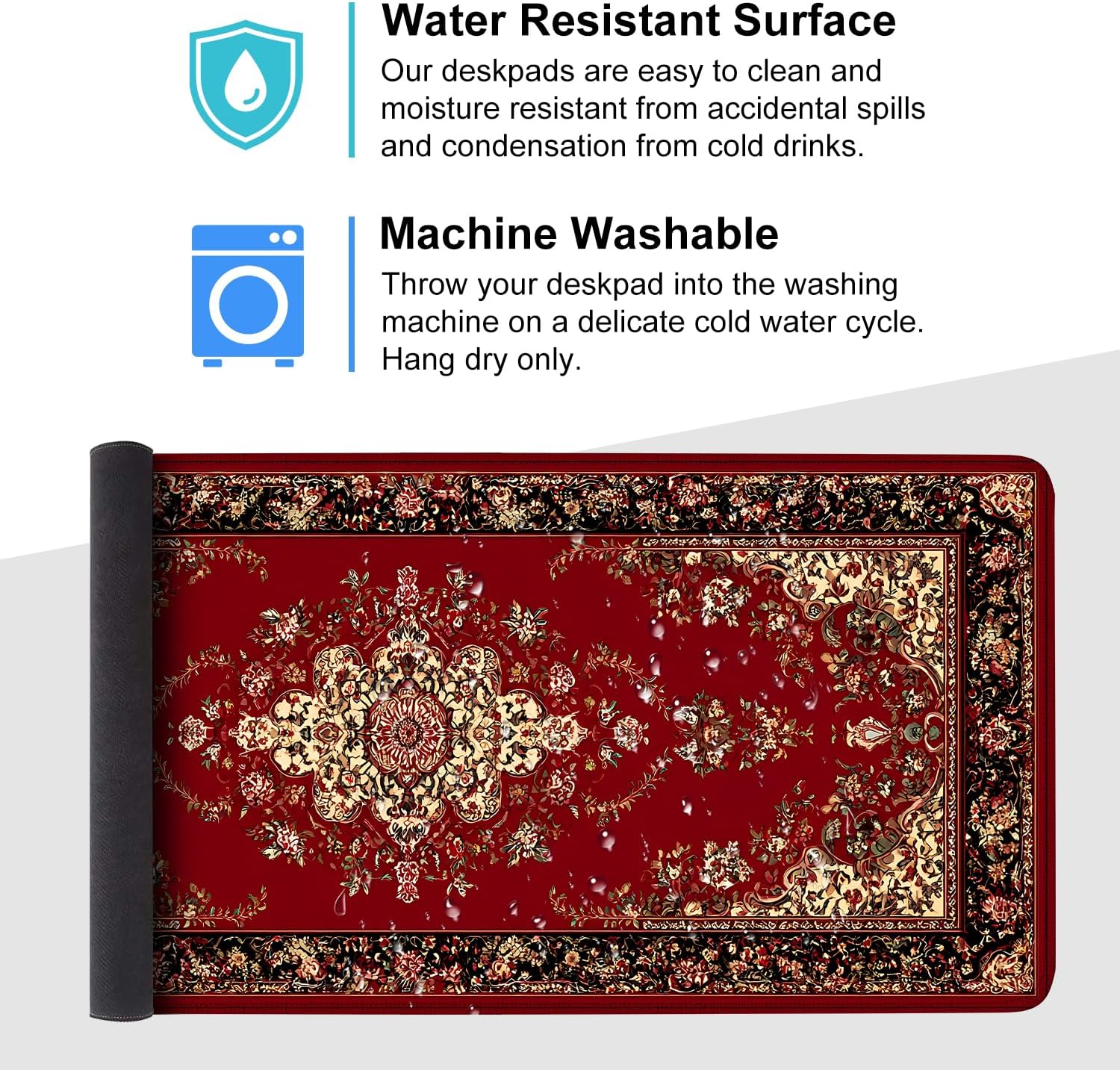 Red Vintage Persian Rug Mouse Pad – Large Extended Desk Mat 35.43 x 15.75 in – Oriental Carpet Design, Non-Slip Rubber Base, Waterproof Surface, Keyboard & Mouse Pad for Office, Gaming, Home