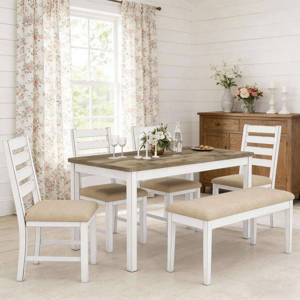 ROCSUMOO Farmhouse Dining Table Set with 4 Chairs and 1 Bench, 59" White...