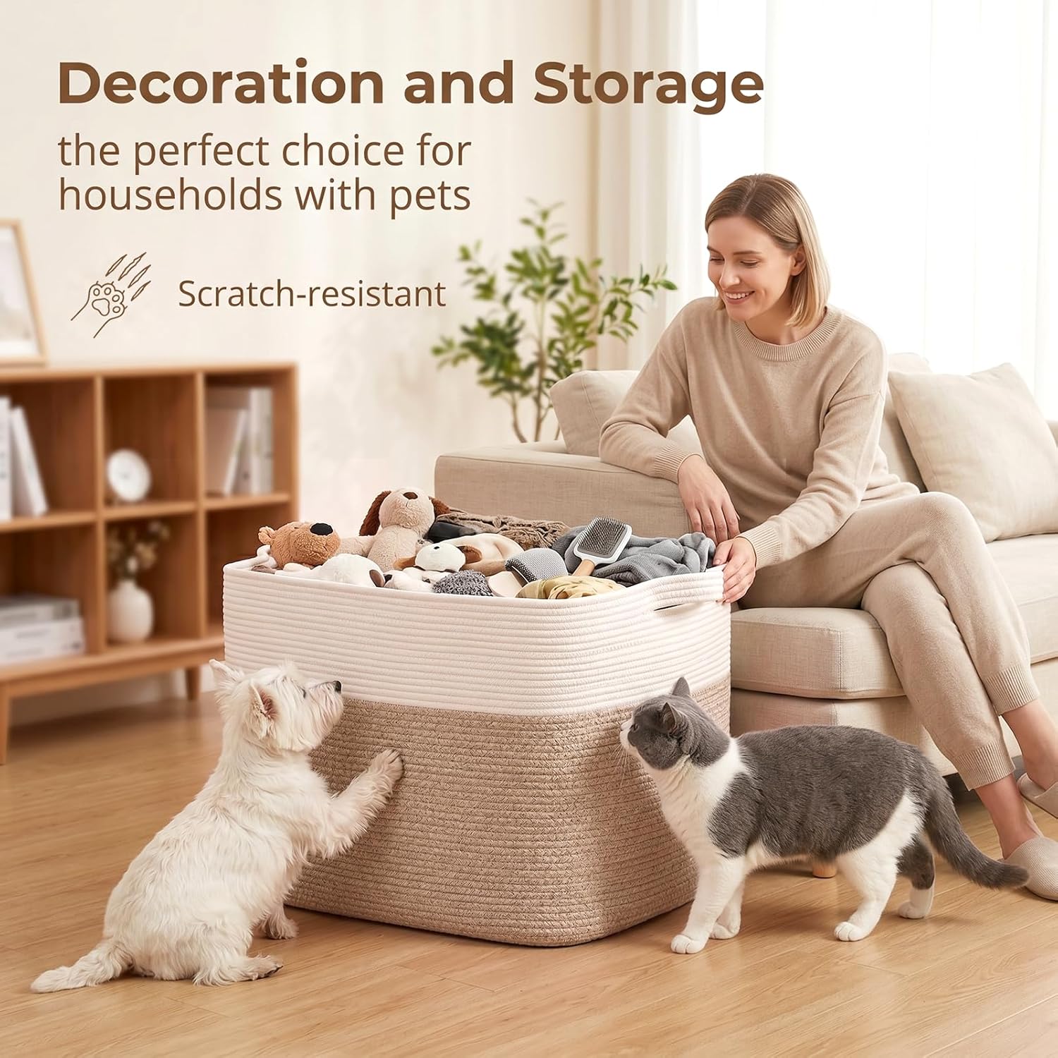 OIASKET 108L Cotton Rope Storage Basket for Living Room and Bedroom 25"x16"x16" Woven Laundry Basket, Heavy Duty Bin for Blankets, Pillows & Toys, Pet-Safe & Scratch-Free, Brown and White