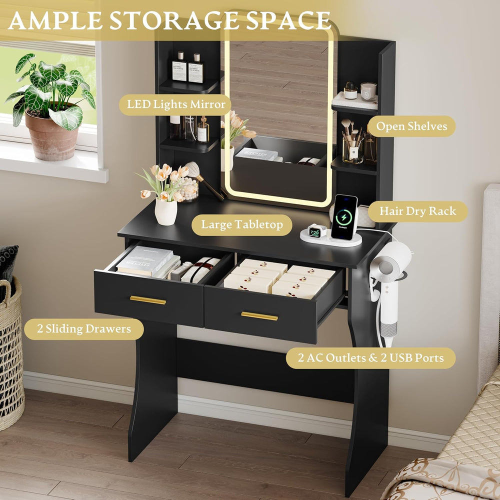 Xixini Vanity Desk with LED Lights Mirror & Power Outlet, Small Makeup Va...