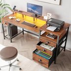 Furologee 60" Computer Desk with 4 Drawers and Printer Space, Gaming Desk with LED Lights and USB Power Outlets, Office Desk with Fabric File Cabinet, Work Table with Shelf for Bedroom, Rustic Brown