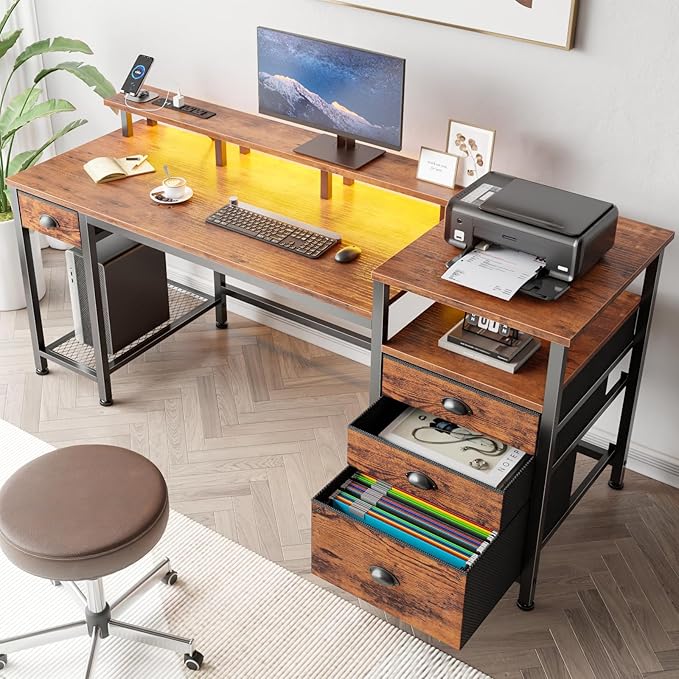 Furologee 60" Computer Desk with 4 Drawers and Printer Space, Gaming Desk with LED Lights and USB Power Outlets, Office Desk with Fabric File Cabinet, Work Table with Shelf for Bedroom, Rustic Brown