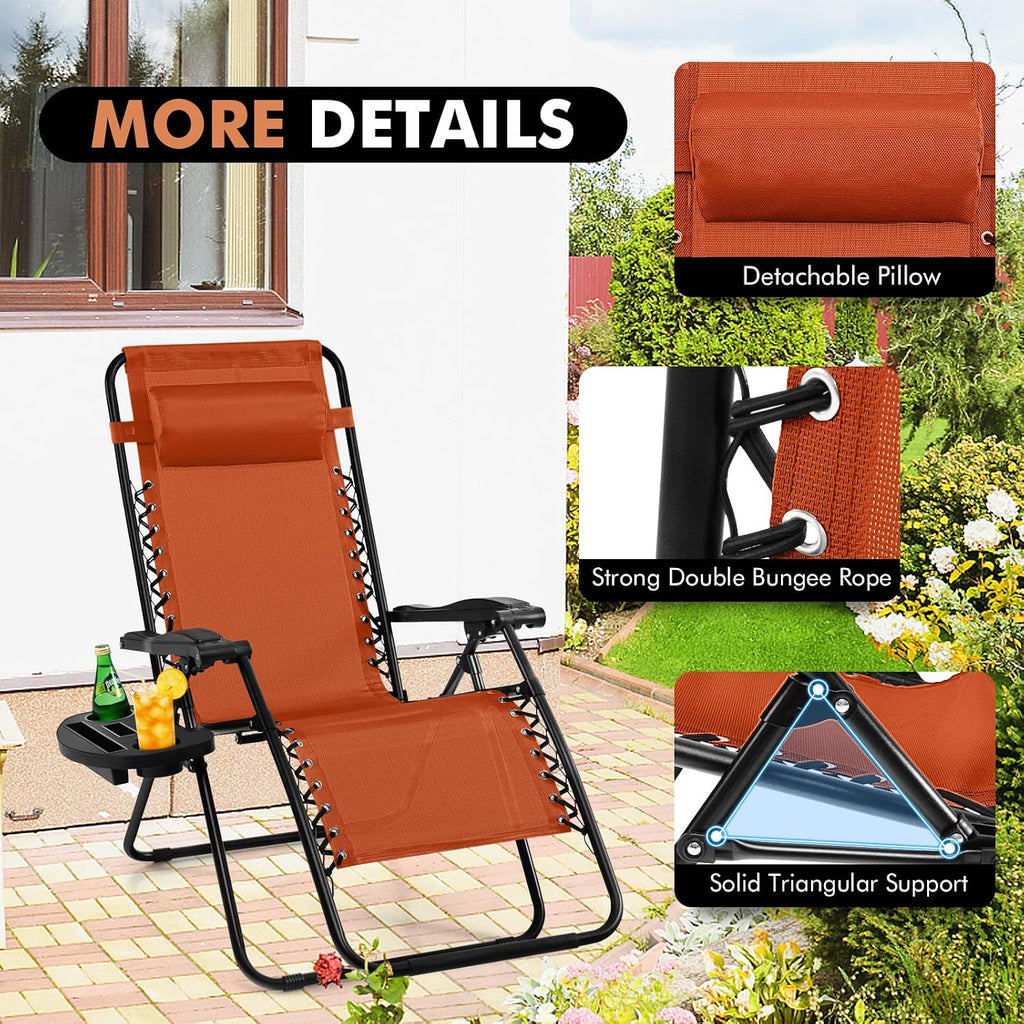 Giantex 2 PCS Zero Gravity Chair, Outdoor Chaise Lounge with Cup Holder, Patio Folding Chairs Recliner for Yard Pool Lawn Balcony, Orange