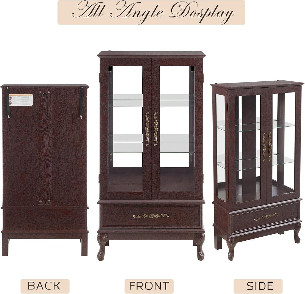 52" Lighted Accent Curio Cabinet, 3-Tier Antique Storage Cabinet with Tempered Glass Adjustable Shelves & Drawer, Acrylic Panel, Bulb Included, China Display Case for Living Room/Kitchen (Dark Cherry)