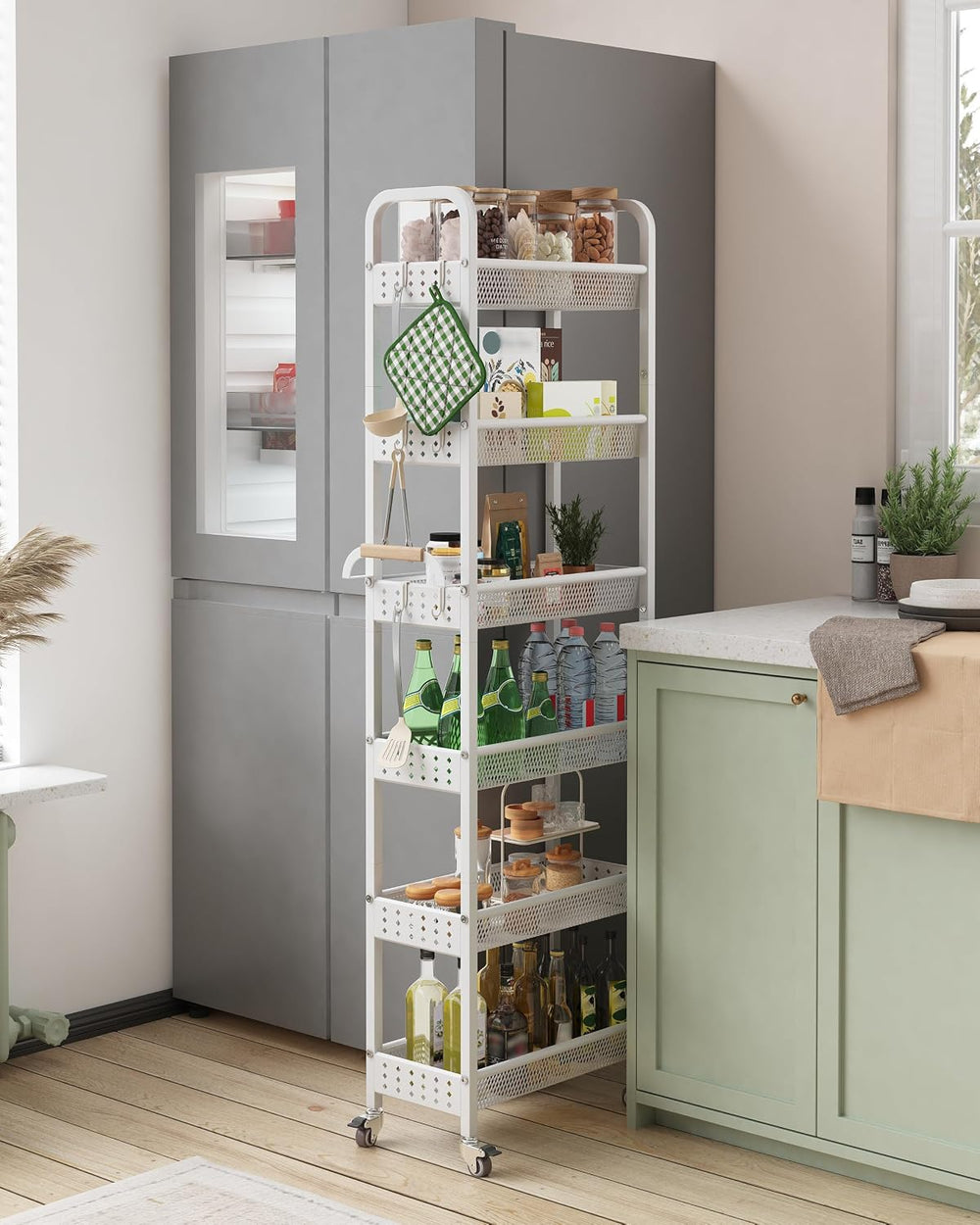 6 Tier Slim Storage Cart, Narrow Rolling Cart with Wheels (White) | Easy-grip...