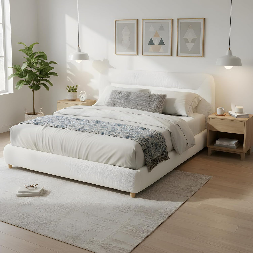 Minimalist Curved Headboard Plush Platform Bed, Queen, Cream Teddy Fabric