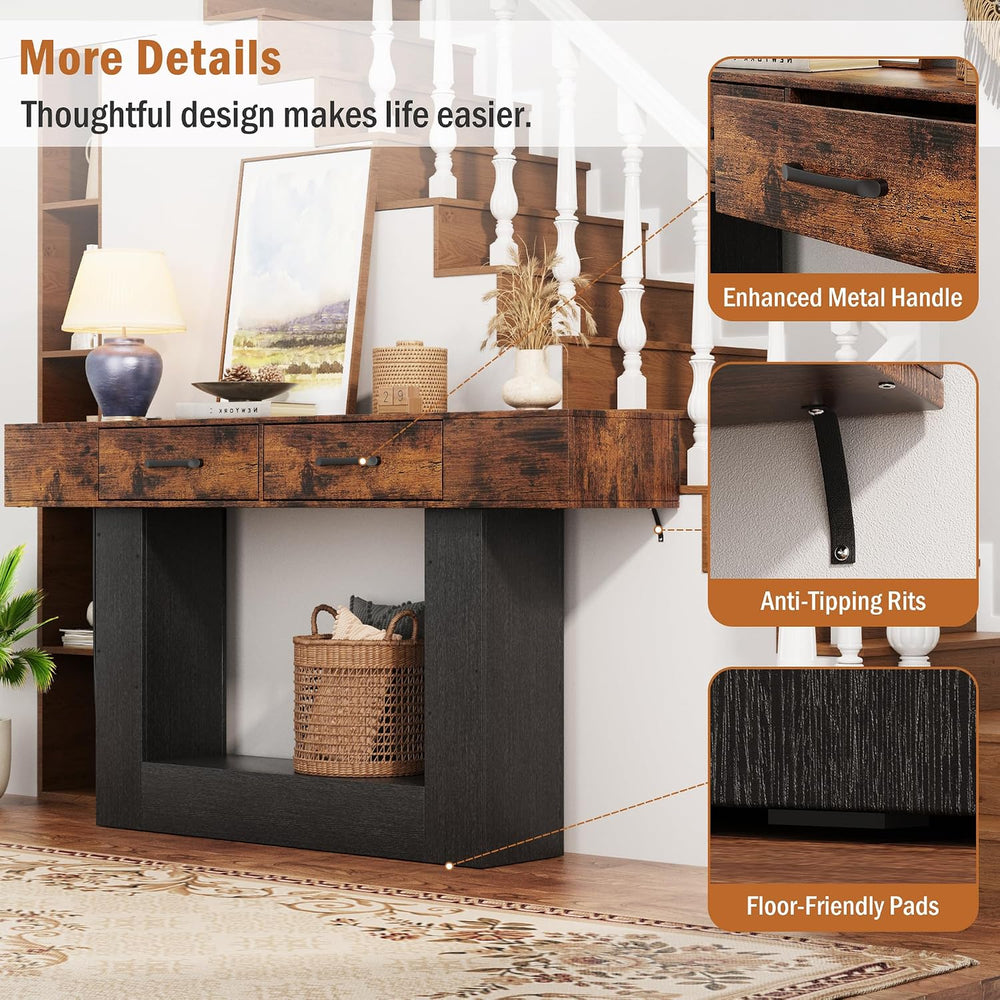 63" Long Console Table with LED Lights & Charging Station,2-Tier Ent...