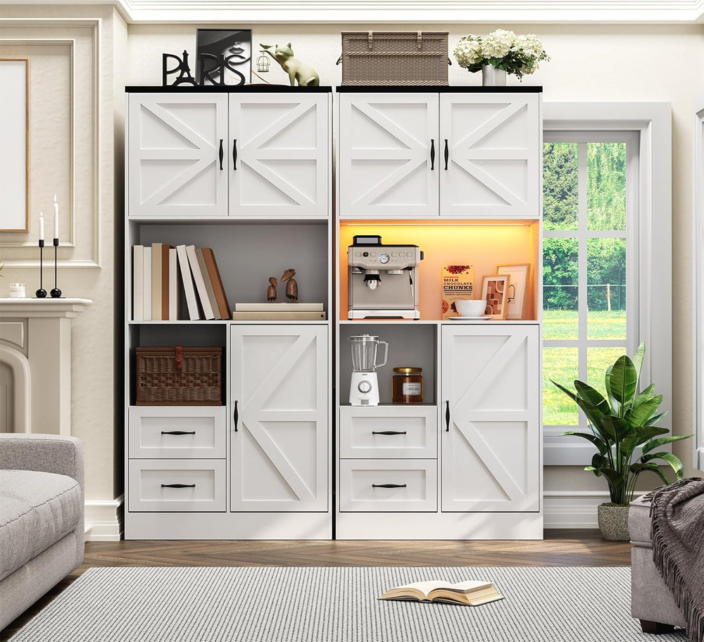 Kitchen Pantry Storage Cabinet with LED Lights and Power Strip, Tall Farmhous...
