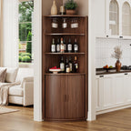 72" Tall Corner Bar Cabinet with LED Lights, Fluted Wine Bar Cabinet with Storage, Mid-century Modern Liquor Cabinets with Sliding Door & Wine Glass Holder, for Dining Room, Living Room Walnut