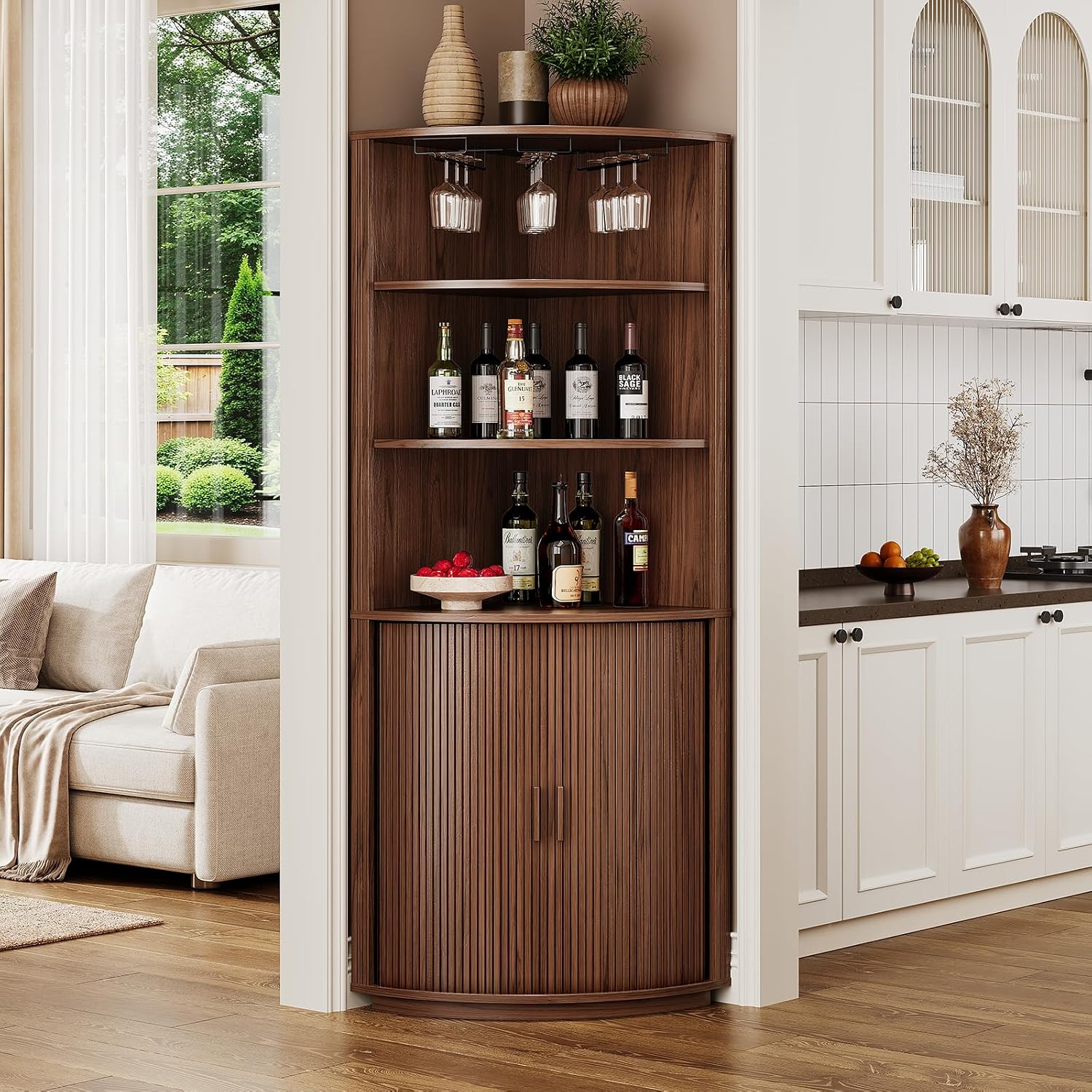 72" Tall Corner Bar Cabinet with LED Lights, Fluted Wine Bar Cabinet with Storage, Mid-century Modern Liquor Cabinets with Sliding Door & Wine Glass Holder, for Dining Room, Living Room Walnut