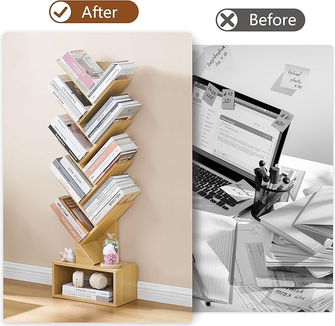 Hoctieon 9 Tier Tree Bookshelf, Tall Bookcase with Drawer, Wood Book Shelf, Modern Floor Standing Bookshelves, Book Organizer Shelves for Bedroom, Living Room, Home Office, Yellow