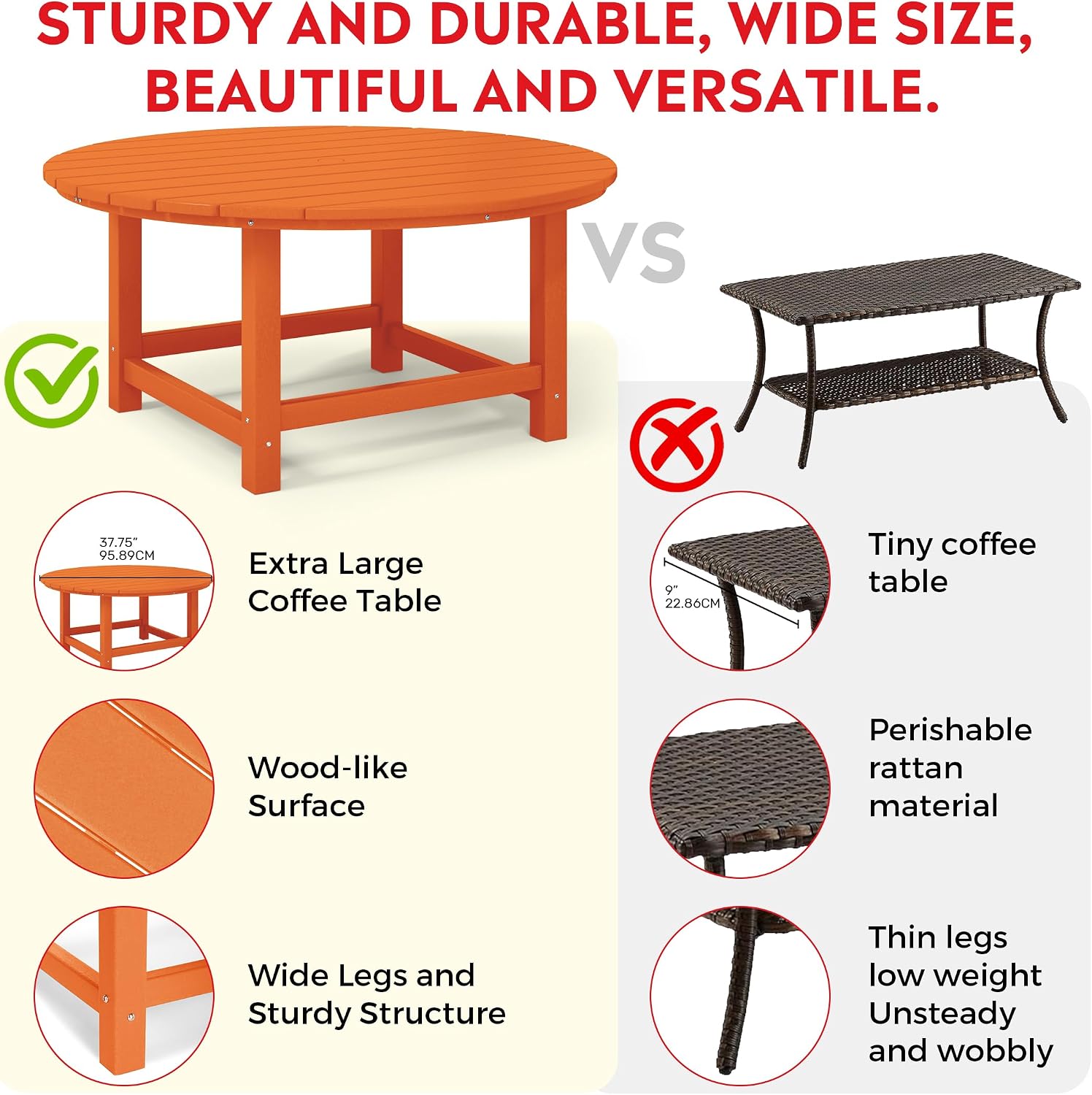 Costaelm Patio Conversation Table, Tatio Accent HDPE Outdoor Weather Resistant, Round Outdoor Porch Balcony Patio Drink Table for Outside, Pool, Backyard, Orange