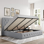 Allewie King Size Lift Up Storage Bed, Button Tufted Headboard with Wingback, Hydraulic Support, No Box Spring Needed, Light Grey
