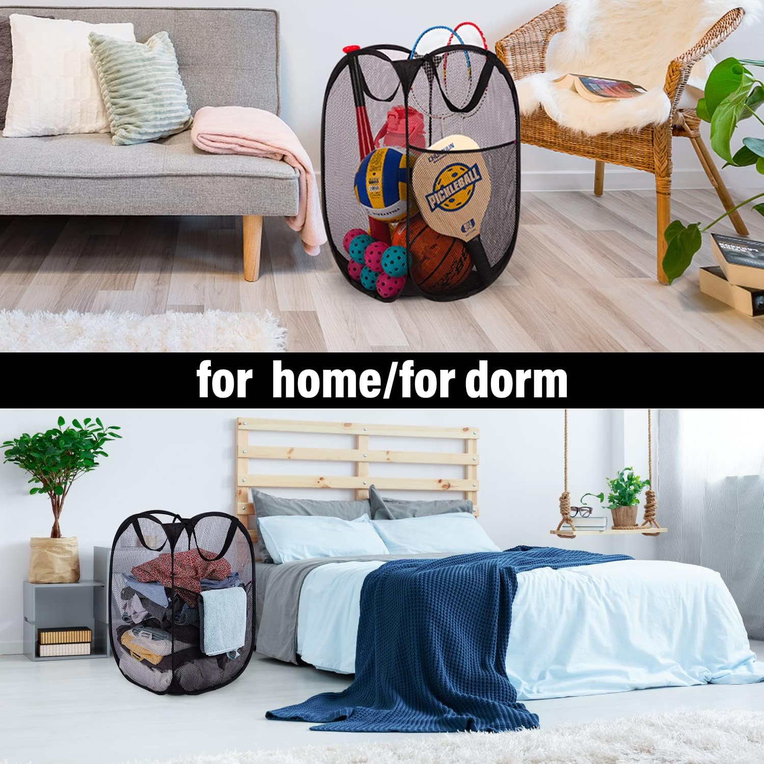 BATTOO Deluxe Strong Mesh Pop up Laundry Hamper Basket with Side Pocket for Laundry Room, Bathroom, Kids Room, College Dorm or Travel 2 Pack Black