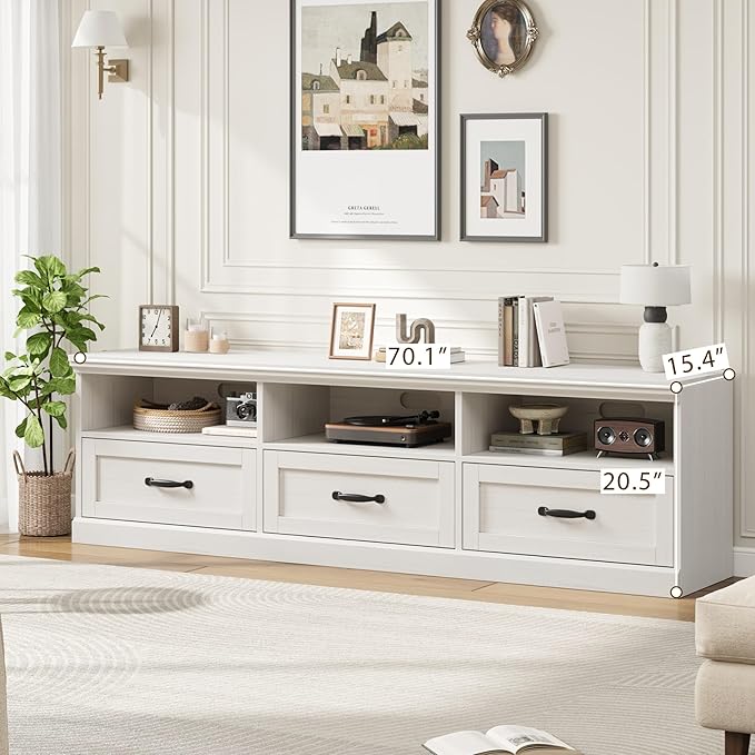 IDEALHOUSE 70in TV Stand for TVs up to 80", Mid Century Modern Entertainment Center with Storage Drawer and Open Shelves, TV Console Media Cabinet for Living Room, Bedroom, Vintage White
