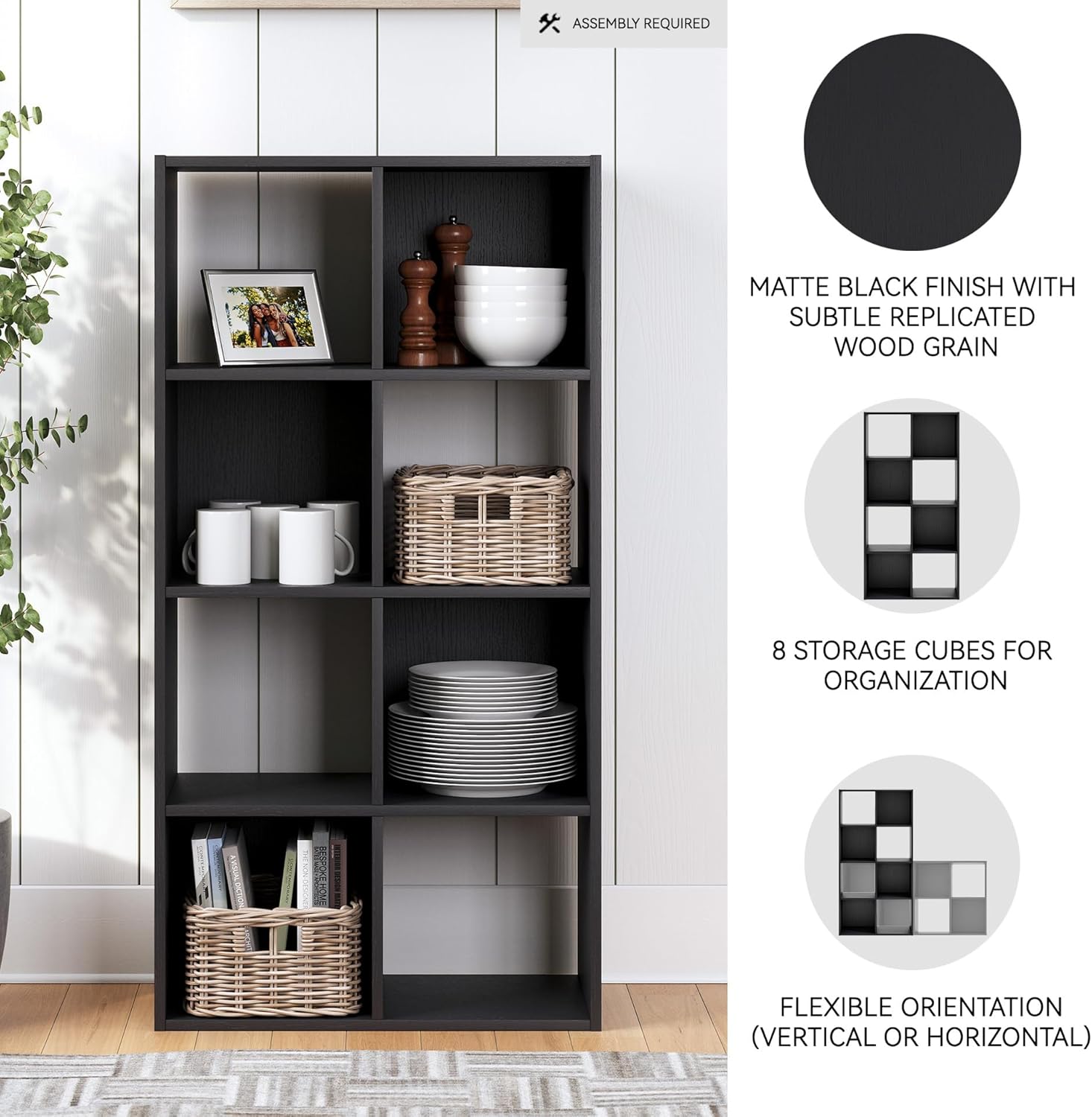 Signature Design by Ashley Langdrew 8 Cube Storage Organizer, Matte Finish, Wood & Decorative Laminate, 23.74" W x 11.81" D x 47.05" H, Black