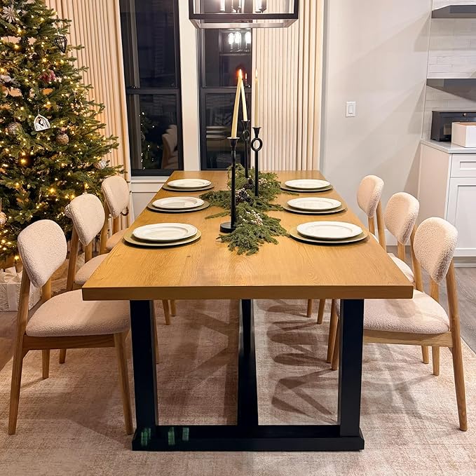 Wooden Dining Chairs Set of 2, Farmhouse Boucle Upholstered Kitchen Chairs, White