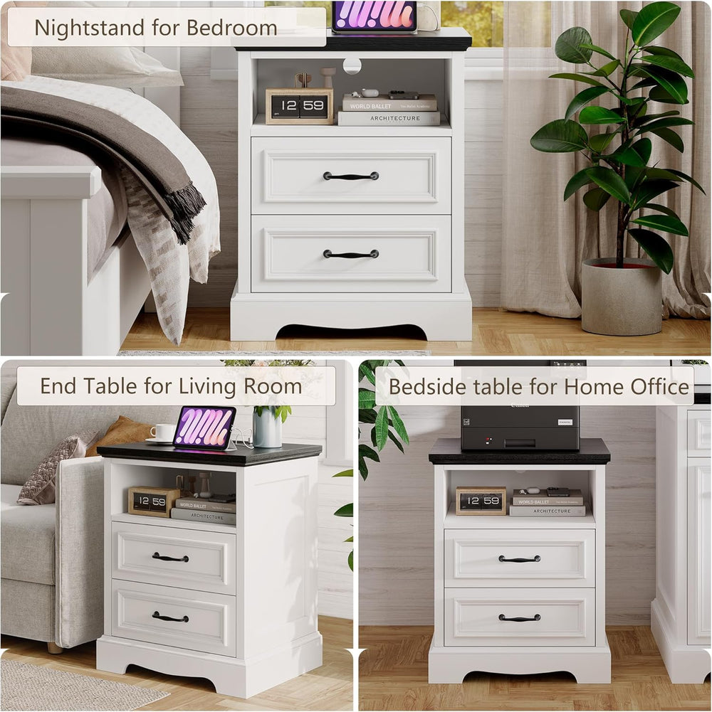 18" Farmhouse Nightstand Set of 2 with Charging Station, White End Table...