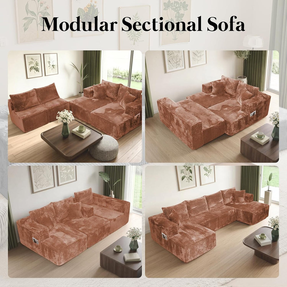 130'' U Shaped Boneless Couches, Corduroy Modular Sectional Sofa Brown
