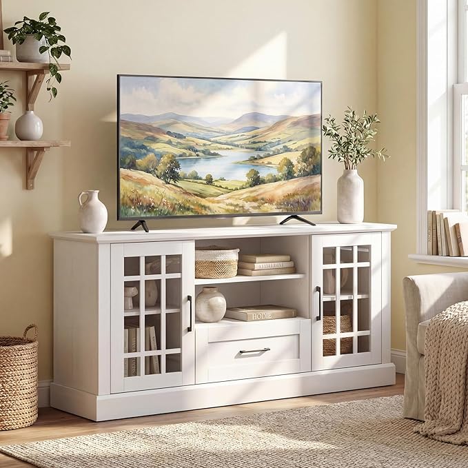 Giantex Farmhouse TV Stand for 65/70 Inch TV, Tall Entertainment Center with Storage Cabinets, Glass Doors, Drawer, Removable Shelves, Media TV Console Table for Living Room, Bedroom (White)