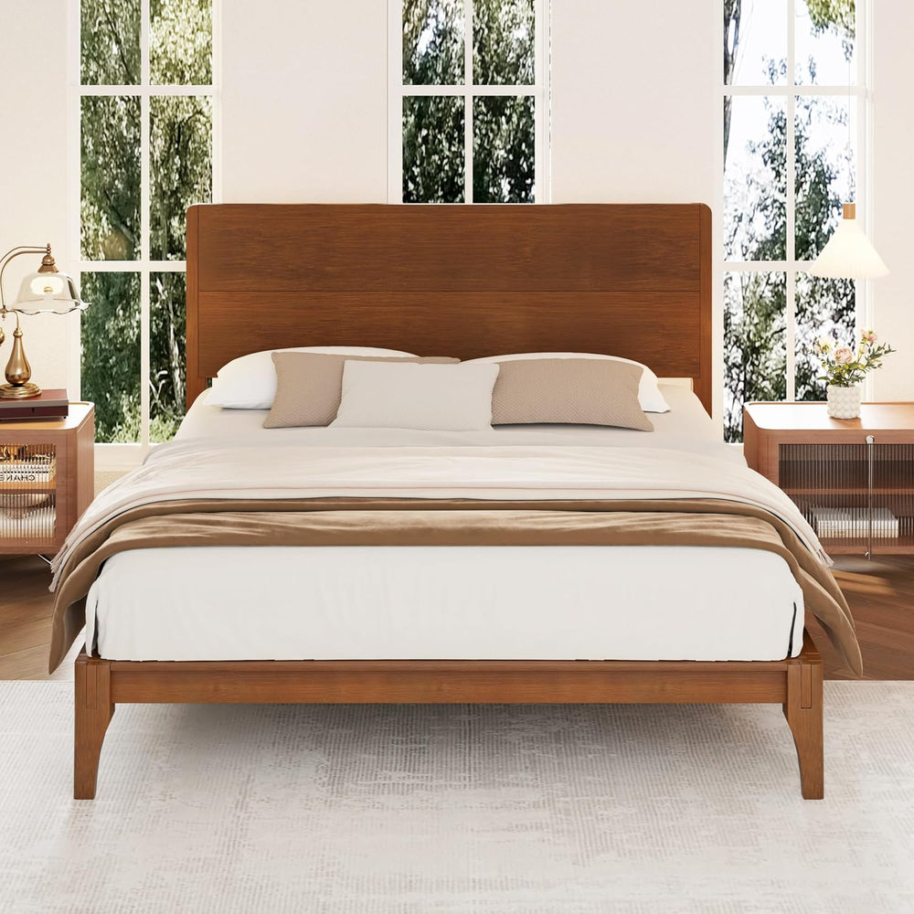 Merax Queen Mid Century Modern Bamboo Wood Bed Frame with Headboard, Brown