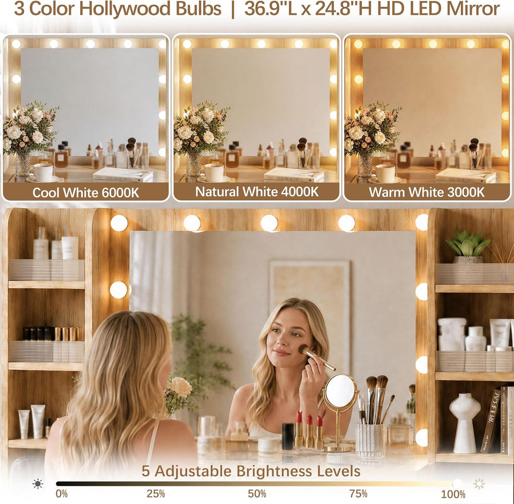 56'' Fluted Wooden Vanity with RGB Hollywood Lights & 36" HD...