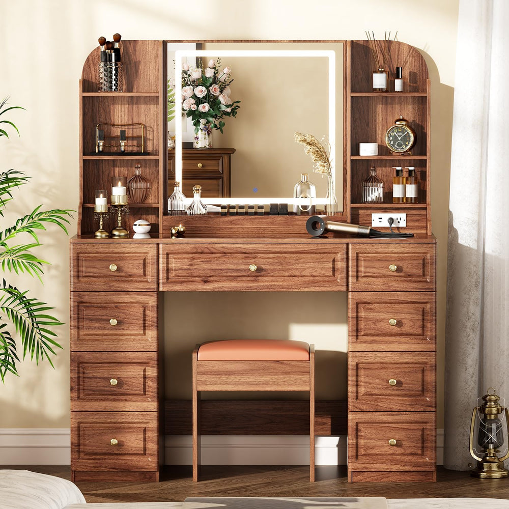 Arulvmrn 43” Wooden Makeup Vanity Set with Mirror and Lighted,Modern Vanity D...