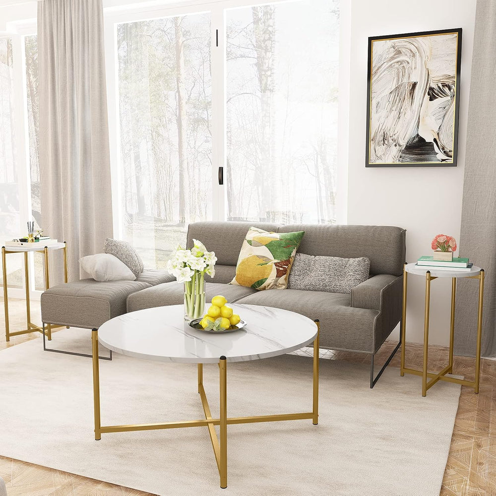 Lamerge Coffee Table Set of 3,Modern Faux Marble Top with Golden Frame,1 Coff...