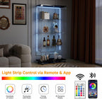 Tempered Glass Display Cabinet with Light Strip, 4-Tier Curio Cabinet with Glass Doors Wheels Locks, Glass Display Case for Collectibles for Living Room, Bedroom, Office, Black, Double Door