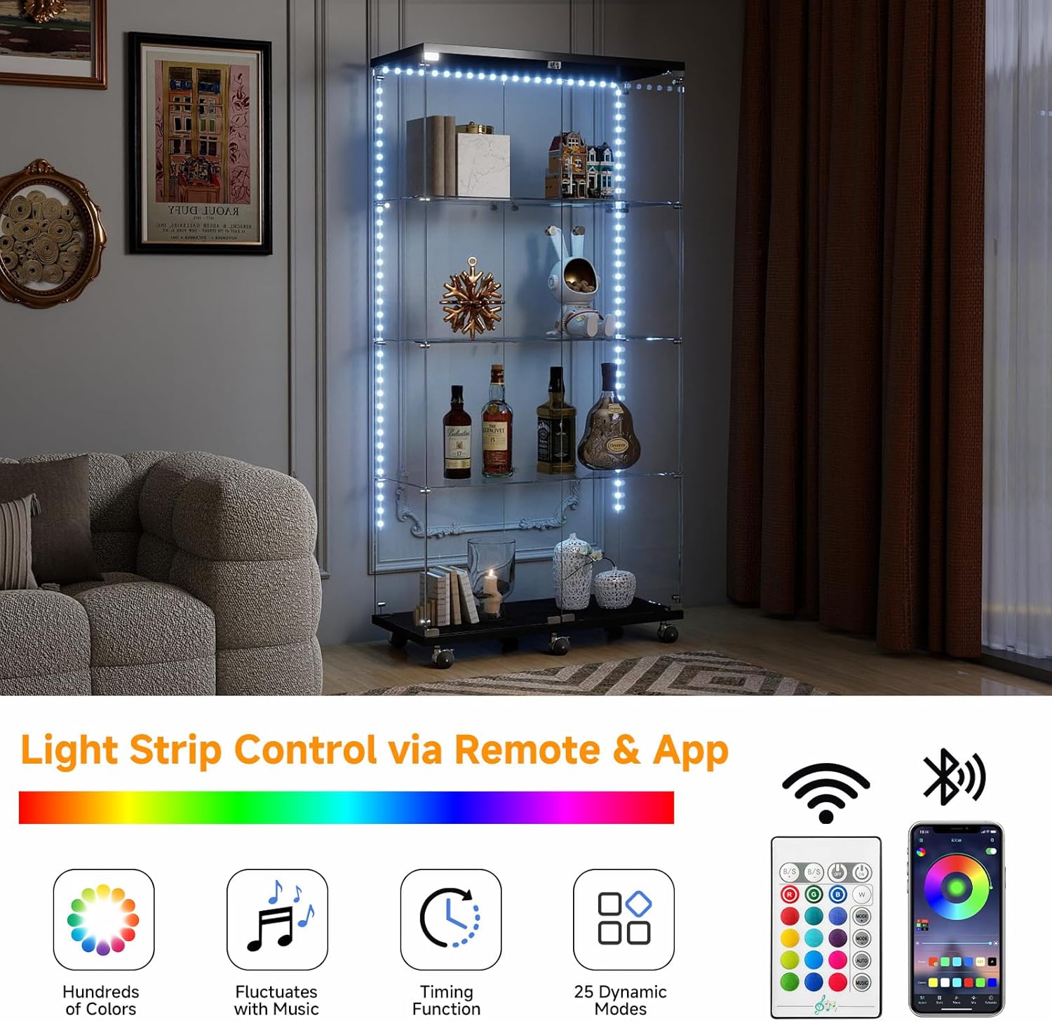 Tempered Glass Display Cabinet with Light Strip, 4-Tier Curio Cabinet with Glass Doors Wheels Locks, Glass Display Case for Collectibles for Living Room, Bedroom, Office, Black, Double Door