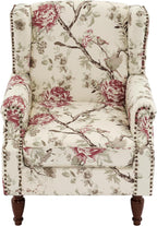 High Back Floral Accent Chair - Retro Wingback Upholstered Armchair with Nailhead Trim, Solid Wood Legs, Fabric Living Room Bedroom Reading Chair (Flower Beige)