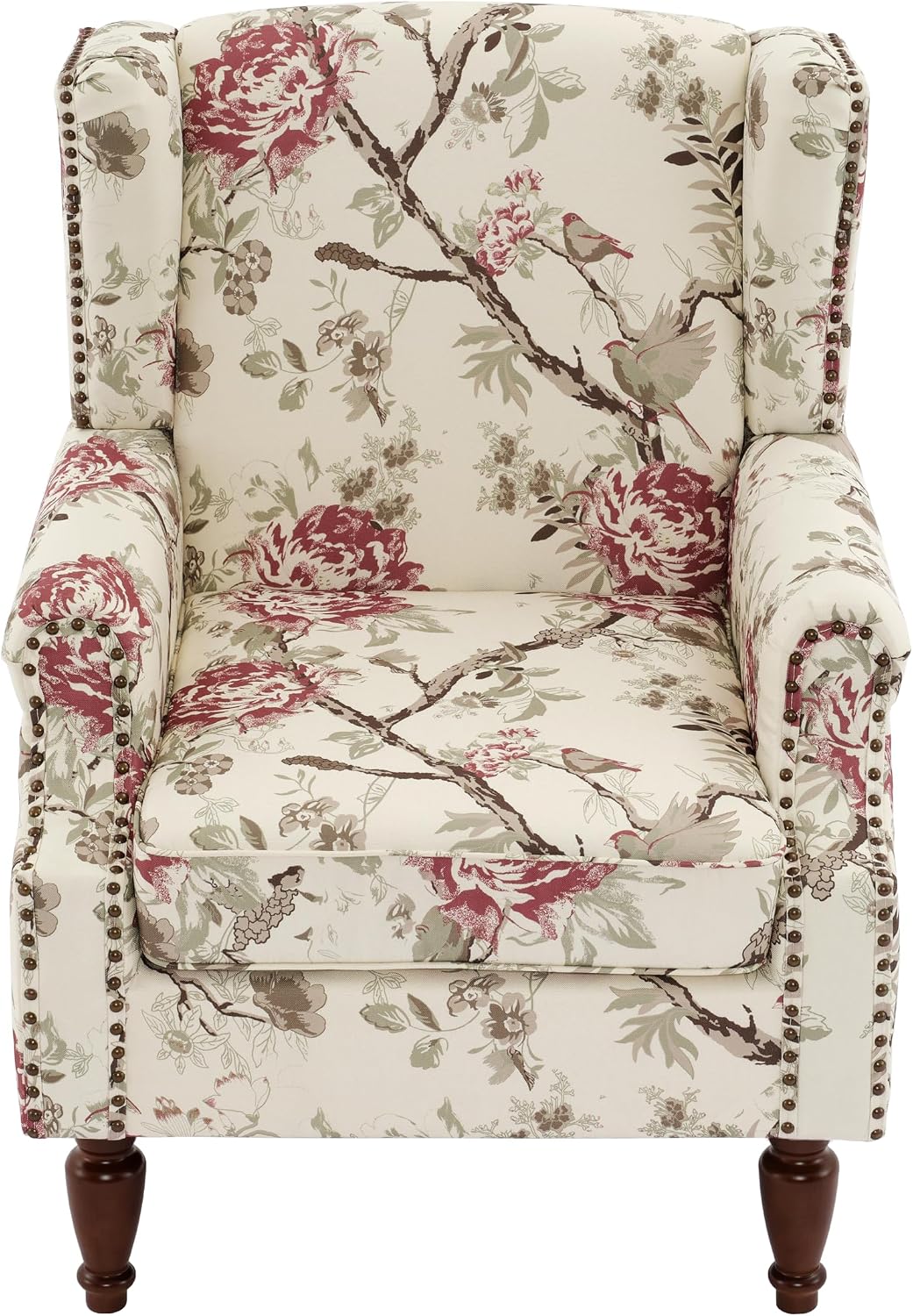 High Back Floral Accent Chair - Retro Wingback Upholstered Armchair with Nailhead Trim, Solid Wood Legs, Fabric Living Room Bedroom Reading Chair (Flower Beige)