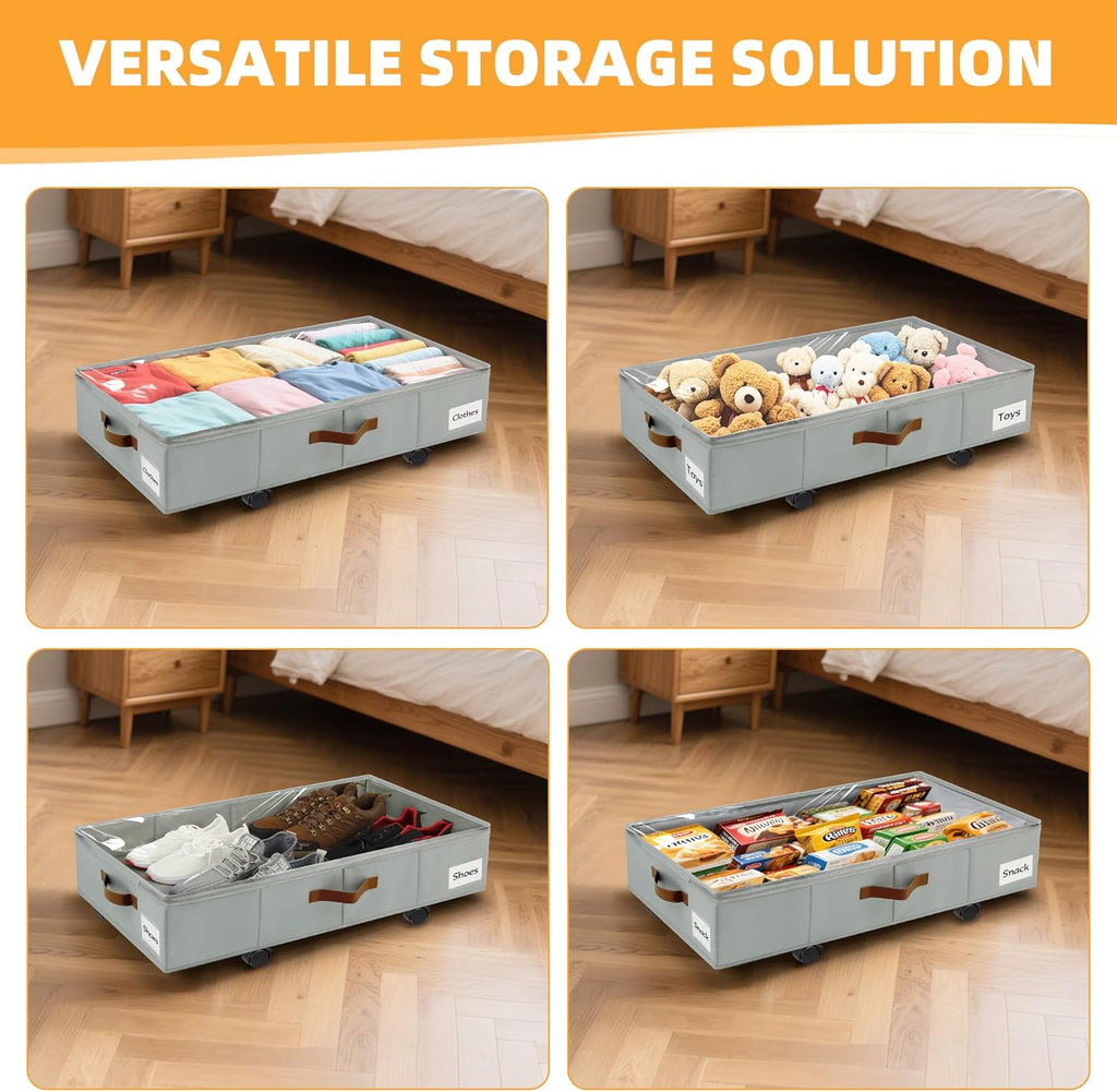 2 Pack Under Bed Storage with Wheels – 30.5×17×5.5 Inch, Underbed Storage with Sturdy Sidewalls/Bottom, Clear Cover, Label and PU Handle, Rolling Under Bed Drawers for Clothes, Shoes, Toys, Blankets