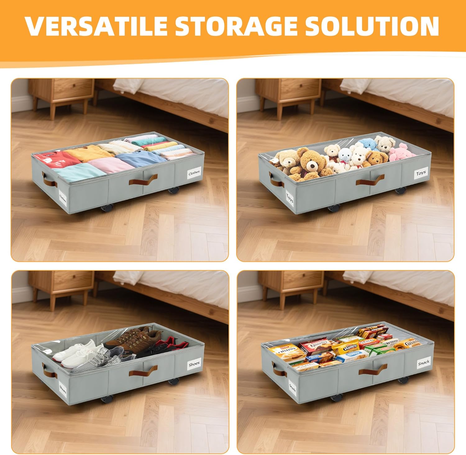 2 Pack Under Bed Storage with Wheels – 30.5×17×5.5 Inch, Underbed Storage with Sturdy Sidewalls/Bottom, Clear Cover, Label and PU Handle, Rolling Under Bed Drawers for Clothes, Shoes, Toys, Blankets